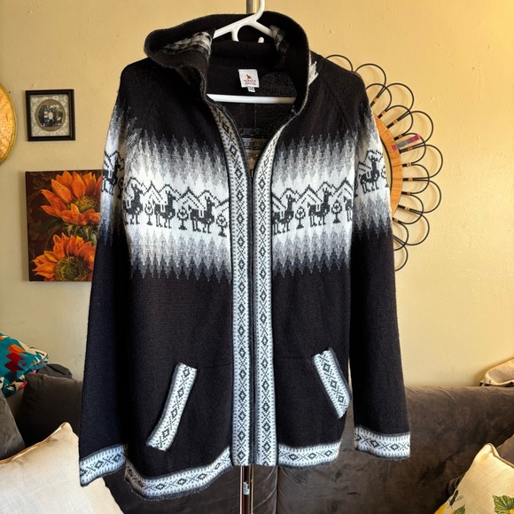 100% Alpaca Fair Isle Zip Front Hoodie Sweater Black White Gray Size M - Picture 11 of 14